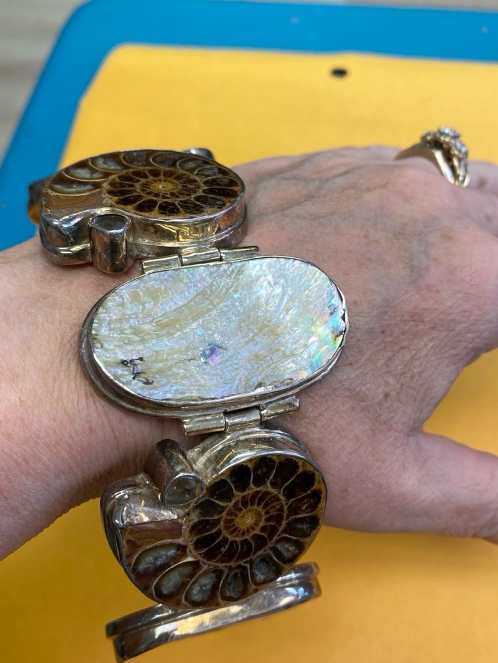 Sterling Silver Ammonite and Mother-of-Pearl Statement Bracelet - Brown/White
